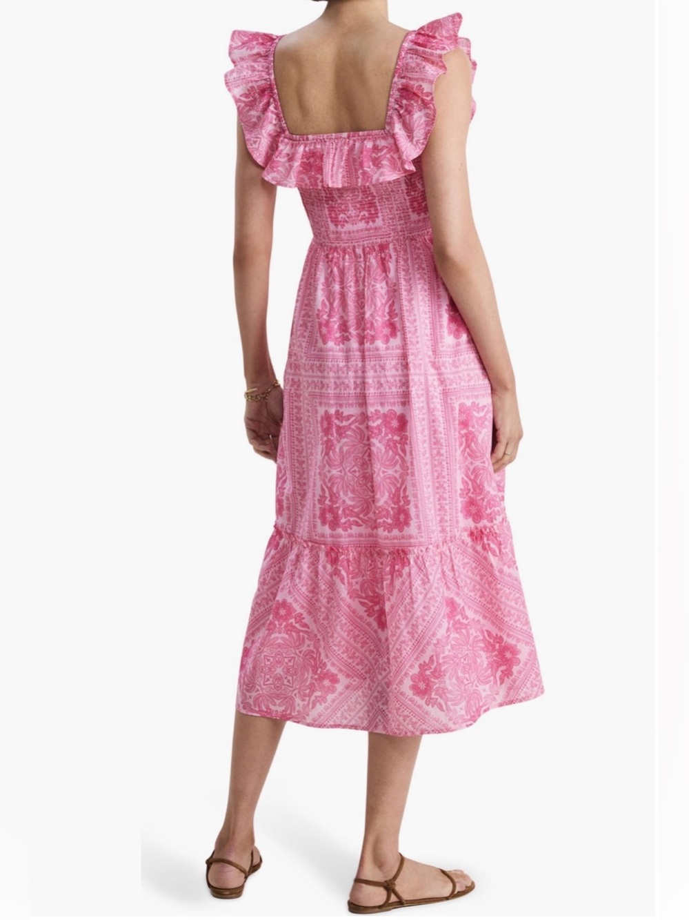 Vineyard Vines Midi Dress-Pink Cotton Smocked Ruffle Square-Neck - Picture 3 of 12